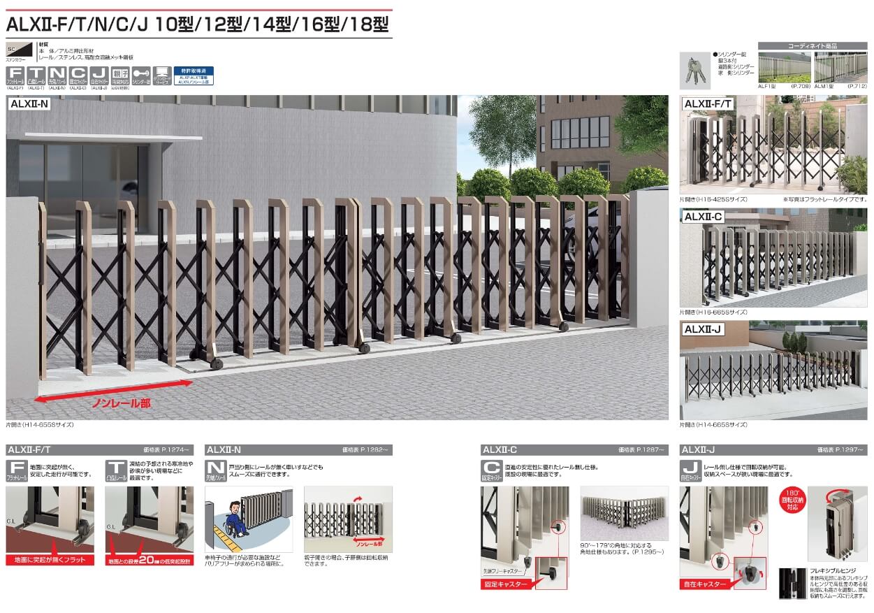 四国化成　ALX II　F→フラットレール 　T→ 凸型　N→先端ノンレール　C→固定キャスター　J→自在キャスタータイプ　10型　12型　14型　16型　18型
